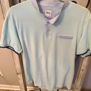 Zara Men’s Large Mint Polo Shirt Light Blue Accents‎ Pocket Short Sleeve Morocco